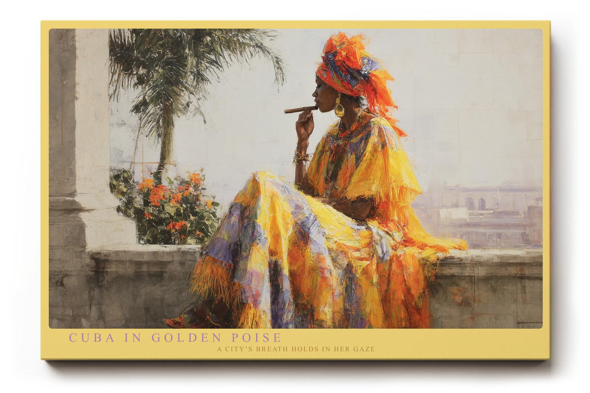 Paul Sinus Wandbild 120x80cm Cuba in Golden Poise Frau mit Zigarre in Havanna Kubanische Kunst Szene fuer Wohnzimmer und Büro