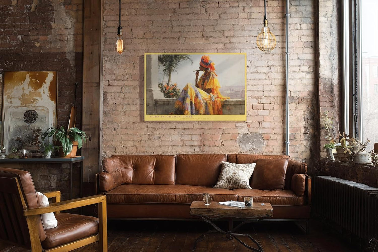 Paul Sinus Wandbild 120x80cm Cuba in Golden Poise Frau mit Zigarre in Havanna Kubanische Kunst Szene fuer Wohnzimmer und Büro