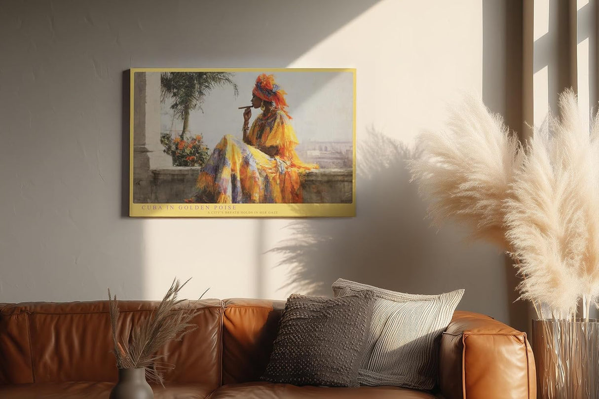 Paul Sinus Wandbild 120x80cm Cuba in Golden Poise Frau mit Zigarre in Havanna Kubanische Kunst Szene fuer Wohnzimmer und Büro
