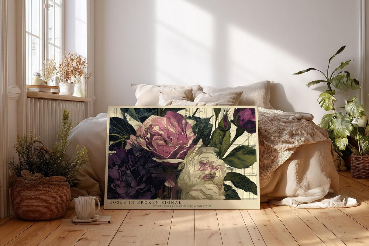 Paul Sinus Wandbild 120x80cm Digitale Rosen Kunst in Rosa Violett und Grün Moderne Blumen Collage für Wohnzimmer Schlafzimmer Büro