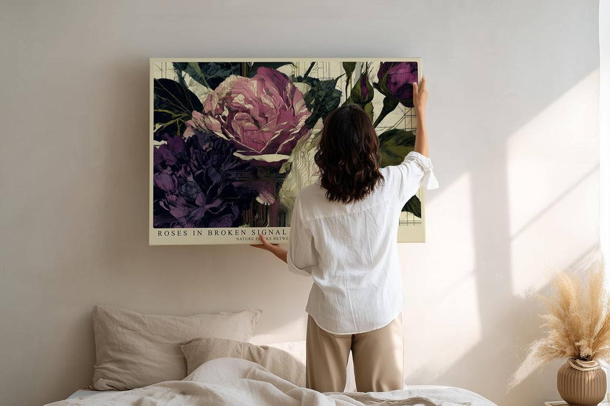 Paul Sinus Wandbild 120x80cm Digitale Rosen Kunst in Rosa Violett und Grün Moderne Blumen Collage für Wohnzimmer Schlafzimmer Büro