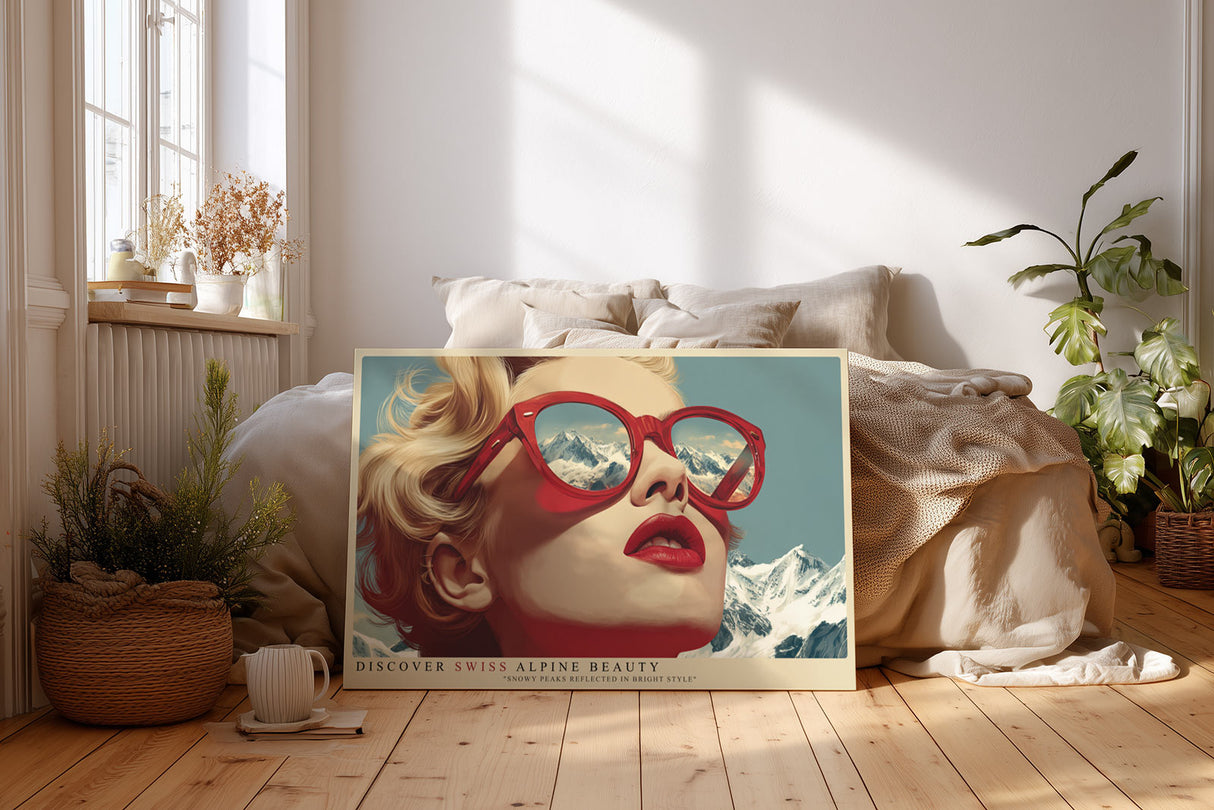 Paul Sinus Wandbild Discover Swiss Alpine Beauty – Retro-inspiriertes Porträt mit Bergreflexion – Stilvolles Wandbild voller Eleganz und Abenteuerlust.