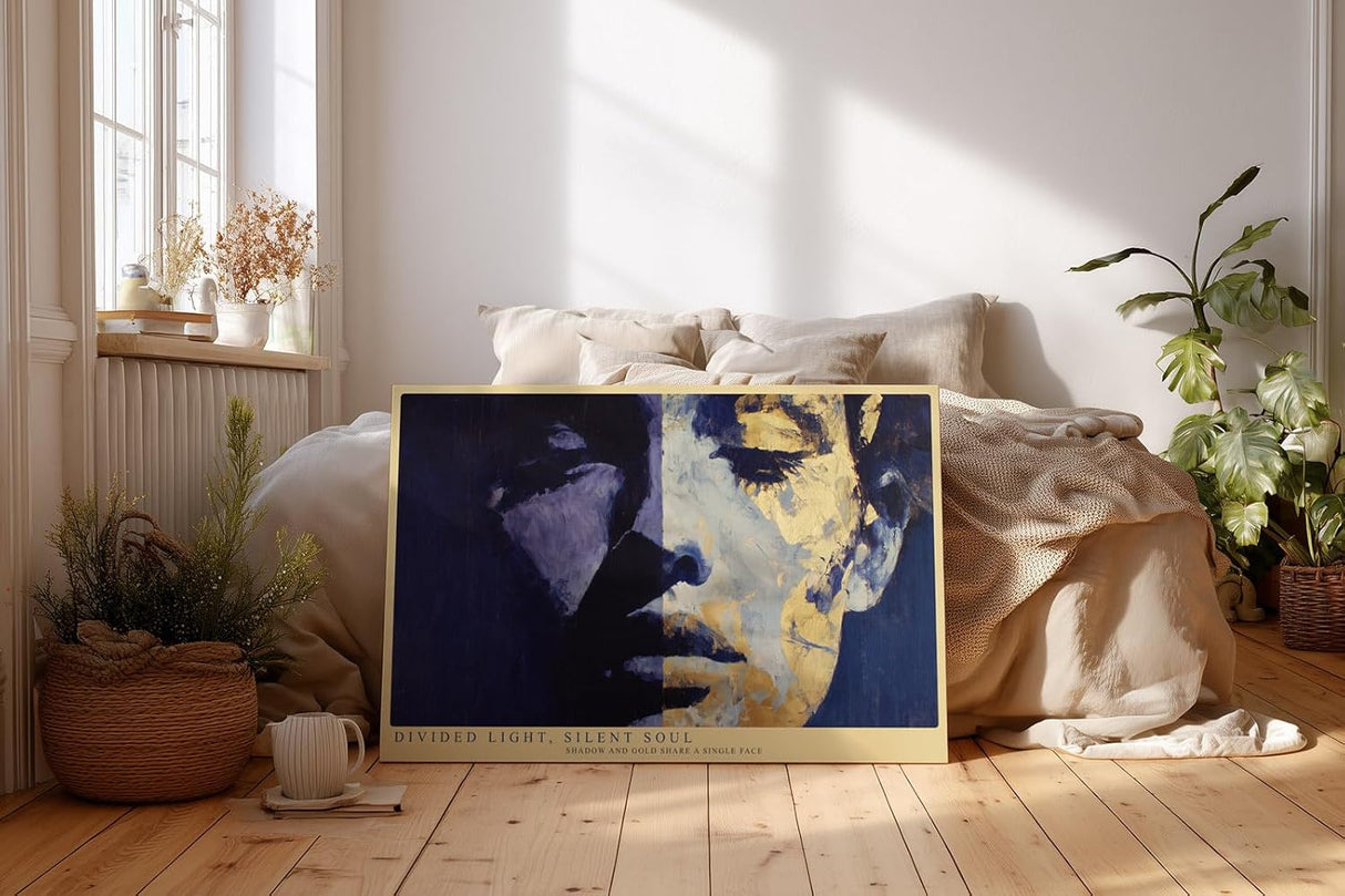 Paul Sinus Wandbild 120x80cm Divided Light Silent Soul modernes abstraktes Portrait in Blau und Gold Poster für Wohnzimmer Büro