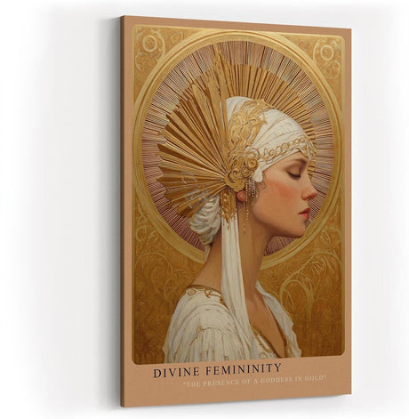 Paul Sinus Wandbild in 40x60cm Divine Femininity elegantes Porträt einer Frau in weiß-goldener Kopfbedeckung vor goldener Strahlenkrone