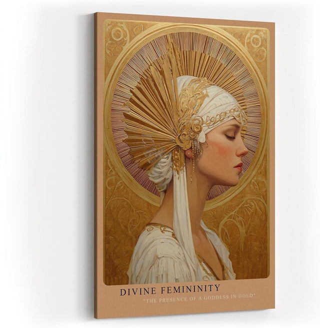 Paul Sinus Wandbild in 40x60cm Divine Femininity elegantes Porträt einer Frau in weiß-goldener Kopfbedeckung vor goldener Strahlenkrone