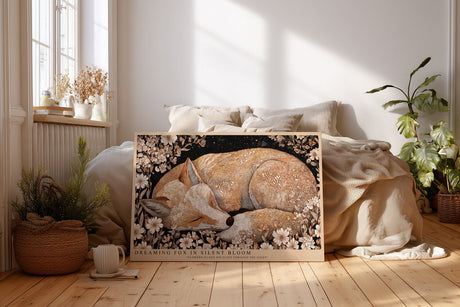 Paul Sinus Wandbild Dreaming Fox in Silent Bloom träumerisches Tiermotiv mit schlafendem Fuchs umgeben von Blumen in warmen Naturtönen