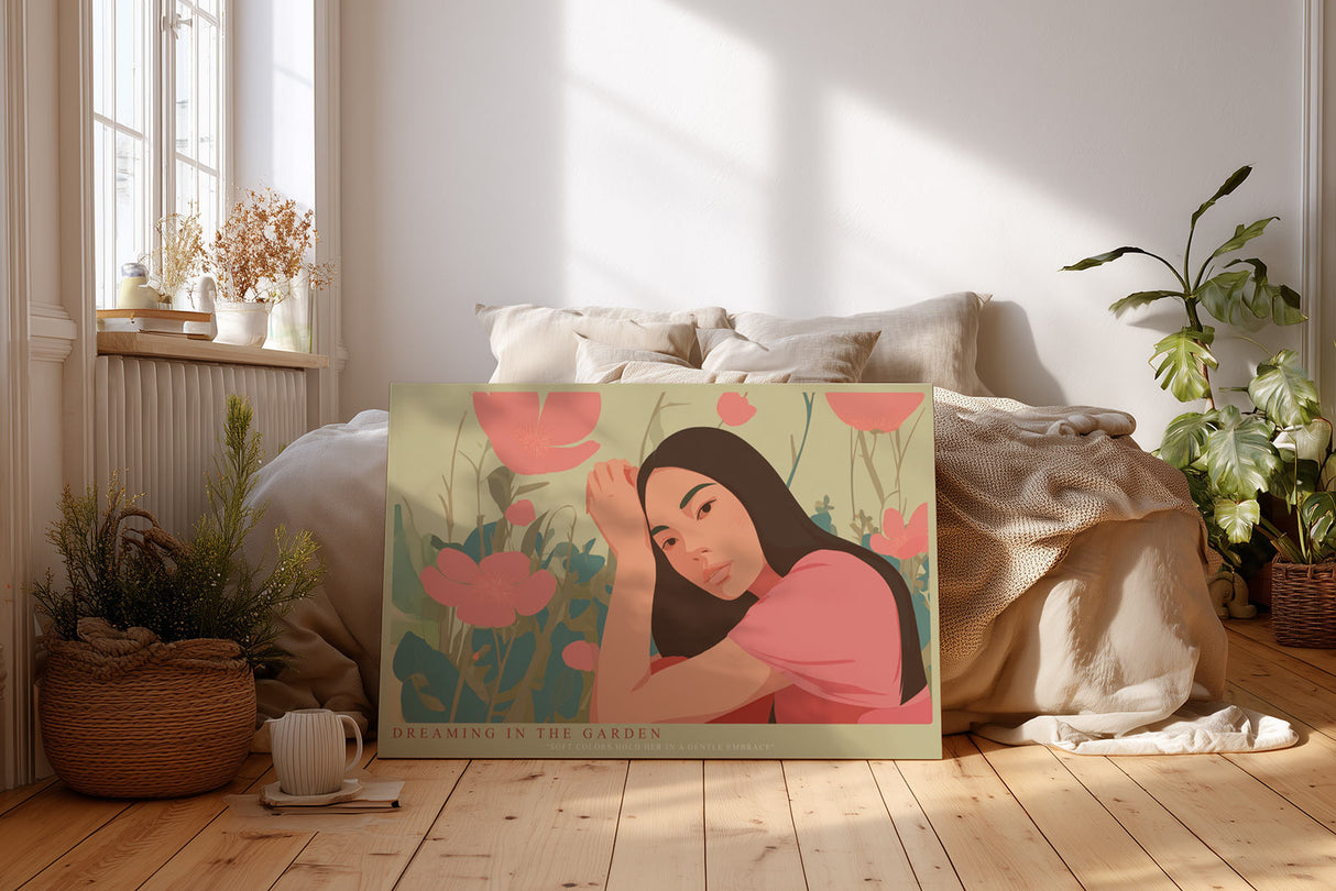 Paul Sinus Wandbild Dreaming in the Garden sanftes Porträtmotiv mit Frau zwischen Blüten in warmen Farben für moderne Wohnräume mit Ruhe und Emotion