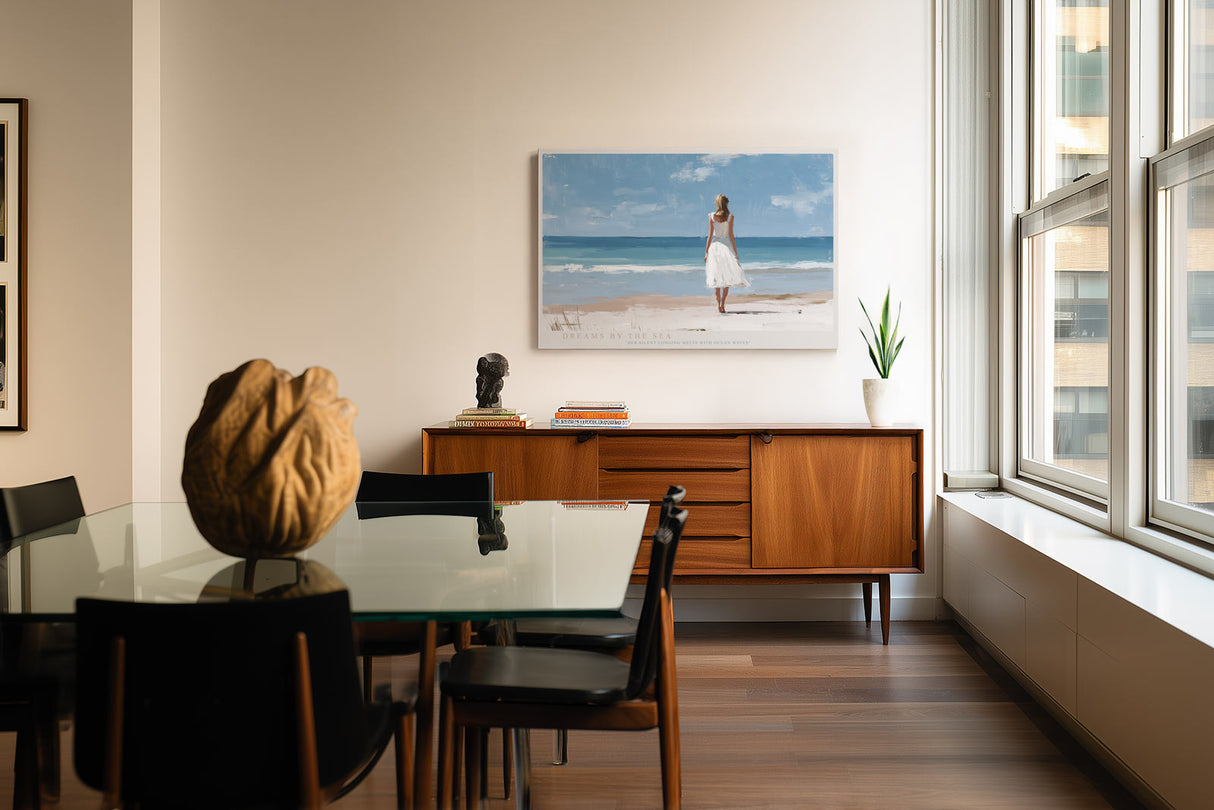 Paul Sinus Wandbild Dreams by the Sea – Frau im weißen Kleid am Meer im sanften Sonnenlicht
