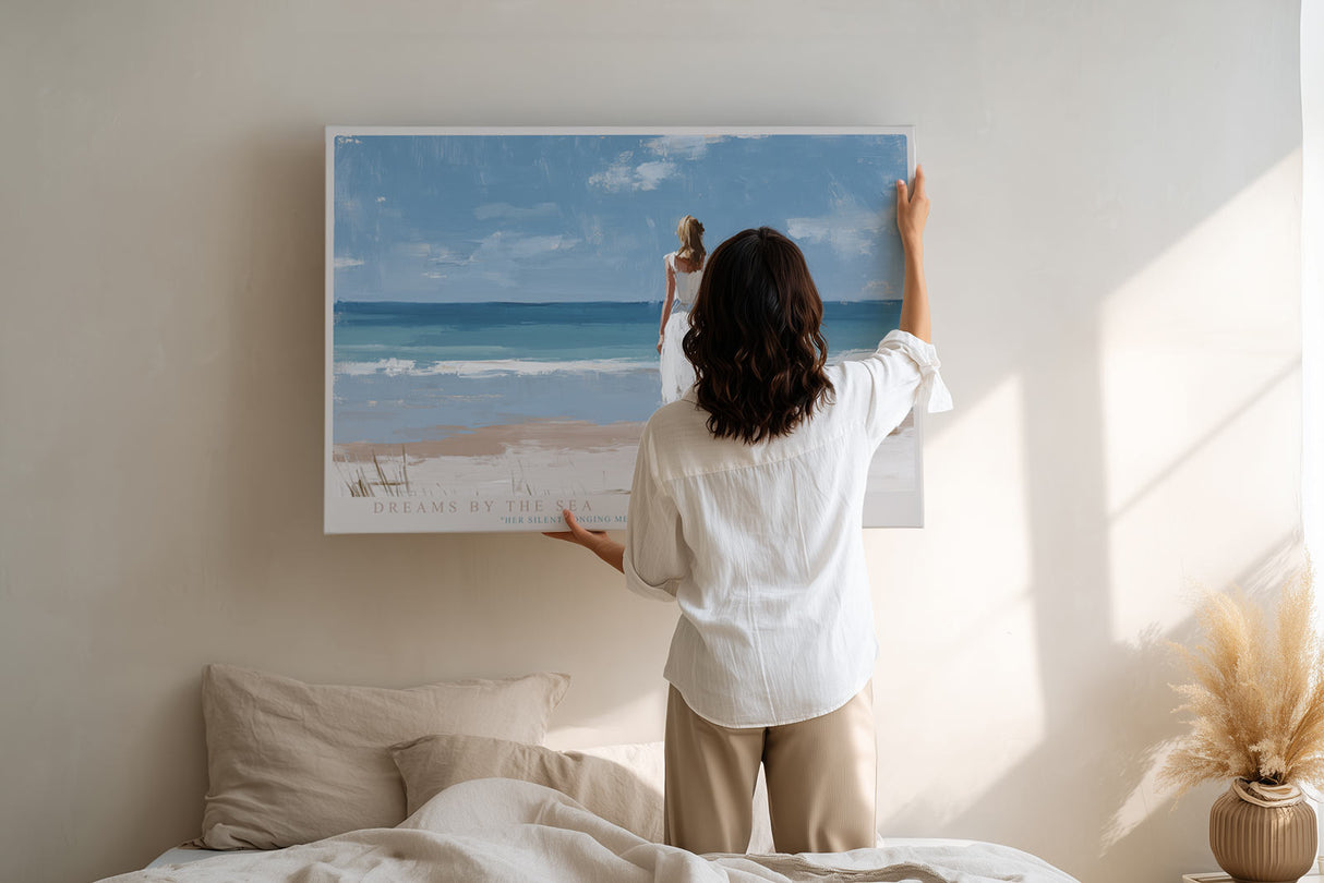 Paul Sinus Wandbild Dreams by the Sea – Frau im weißen Kleid am Meer im sanften Sonnenlicht