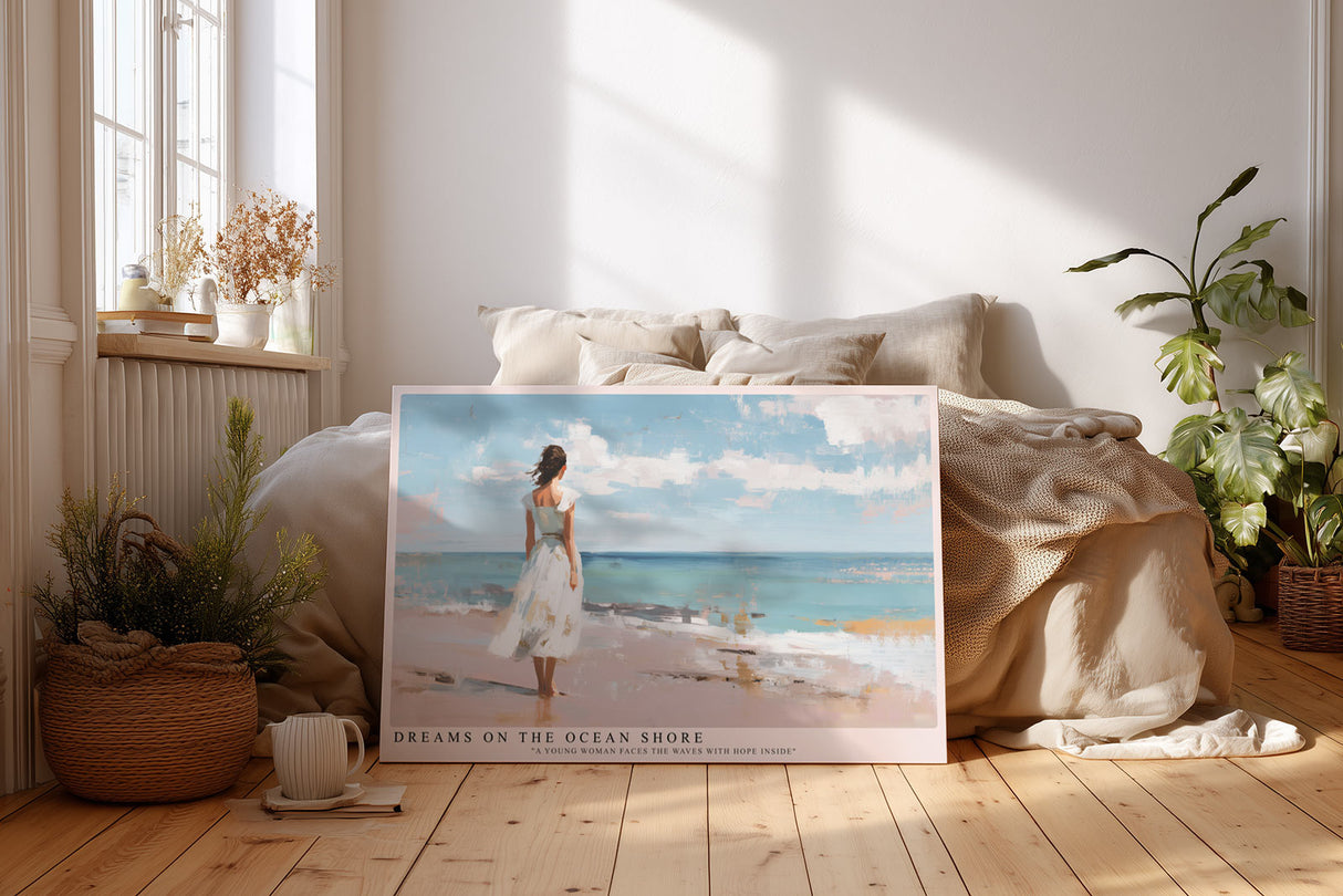 Paul Sinus Wandbild Dreams on the Ocean Shore Impressionistische Darstellung einer Frau im weißen Kleid am Meer, die verträumt auf die Wellen blickt.