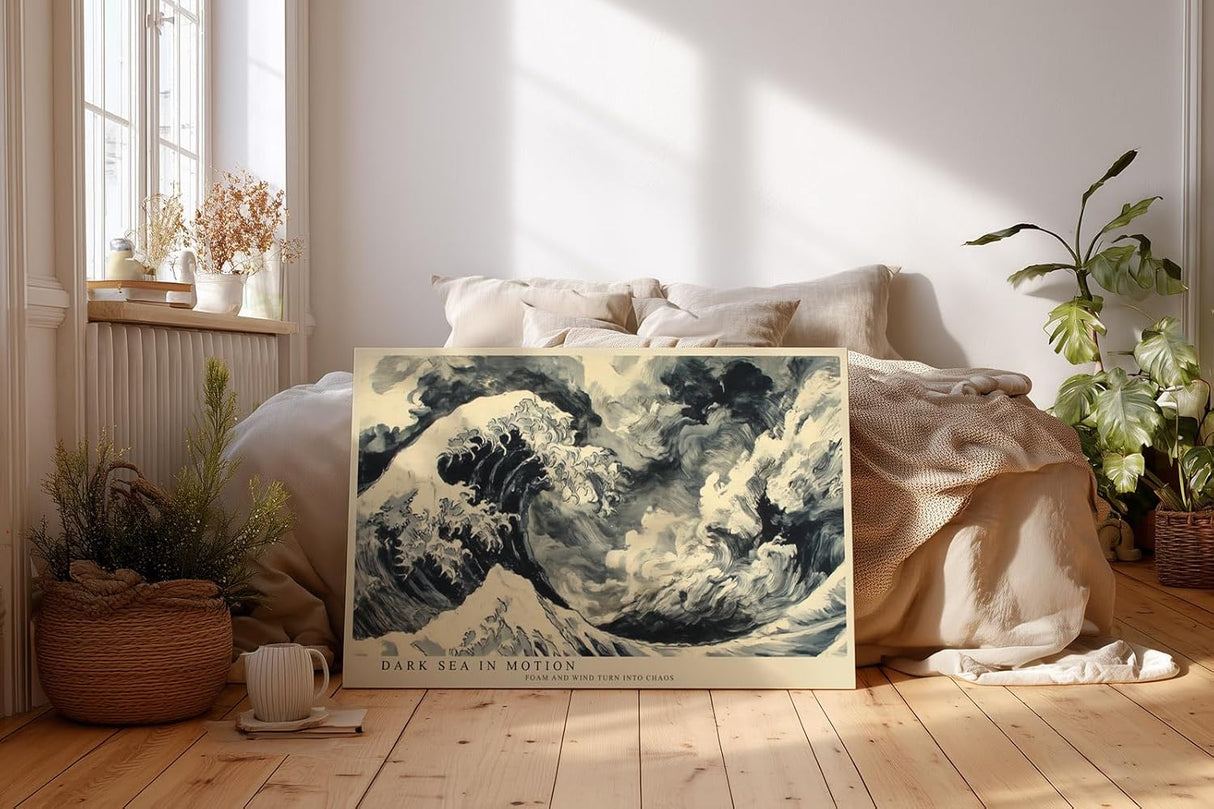 Paul Sinus Wandbild 120x80cm Dunkle Meereswelle in Bewegung – Dramatische Ozean Kunst mit Sturmwellen und klassischer Illustration