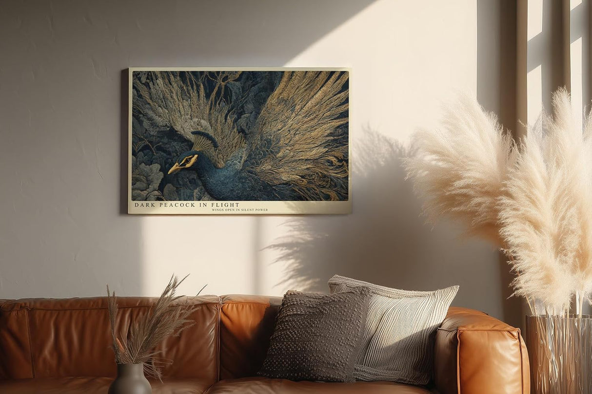 Paul Sinus Wandbild 120x80cm Dunkler Pfau im Flug – Elegante Tierkunst mit goldenen Federstrukturen und luxuriöser Ausstrahlung