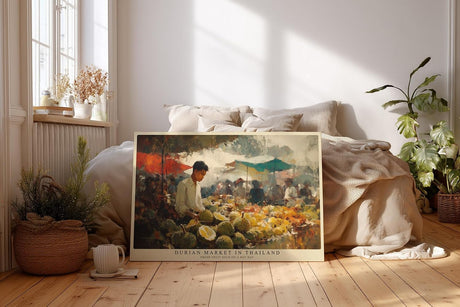 Paul Sinus Wandbild 120x80cm Durian Markt in Thailand – Lebendige Marktszene mit tropischen Früchten und warmen Farben