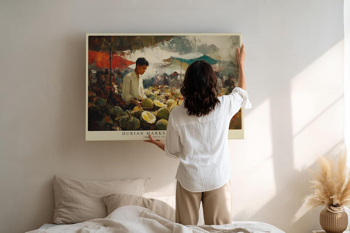 Paul Sinus Wandbild 120x80cm Durian Markt in Thailand – Lebendige Marktszene mit tropischen Früchten und warmen Farben