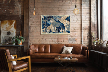 Paul Sinus Wandbild Echo of the Northern Woods Wolf in Blue and Gold Forest Patterns