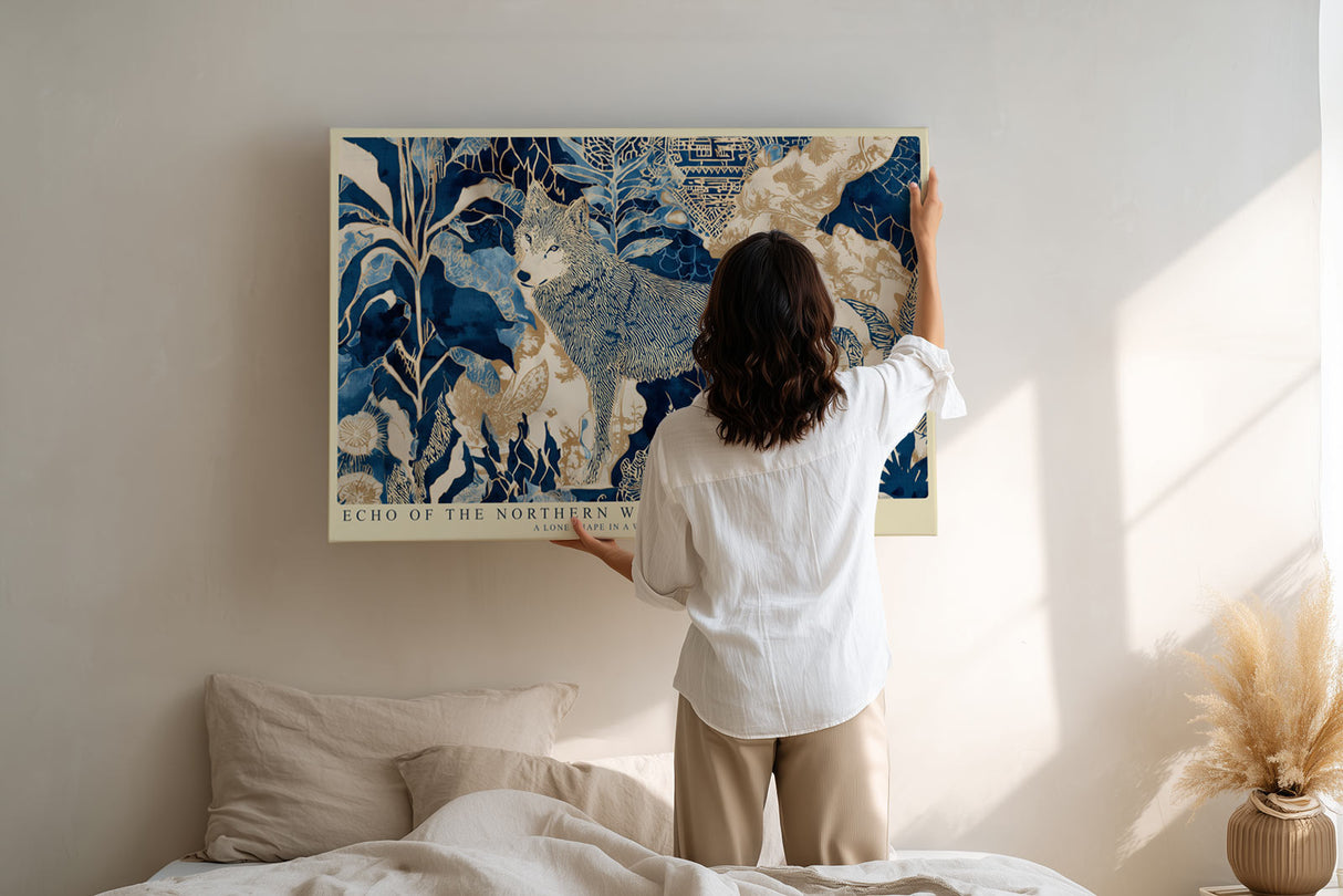 Paul Sinus Wandbild Echo of the Northern Woods Wolf in Blue and Gold Forest Patterns