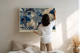 Paul Sinus Wandbild Echo of the Northern Woods Wolf in Blue and Gold Forest Patterns