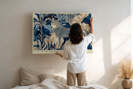 Paul Sinus Wandbild Echo of the Northern Woods Wolf in Blue and Gold Forest Patterns