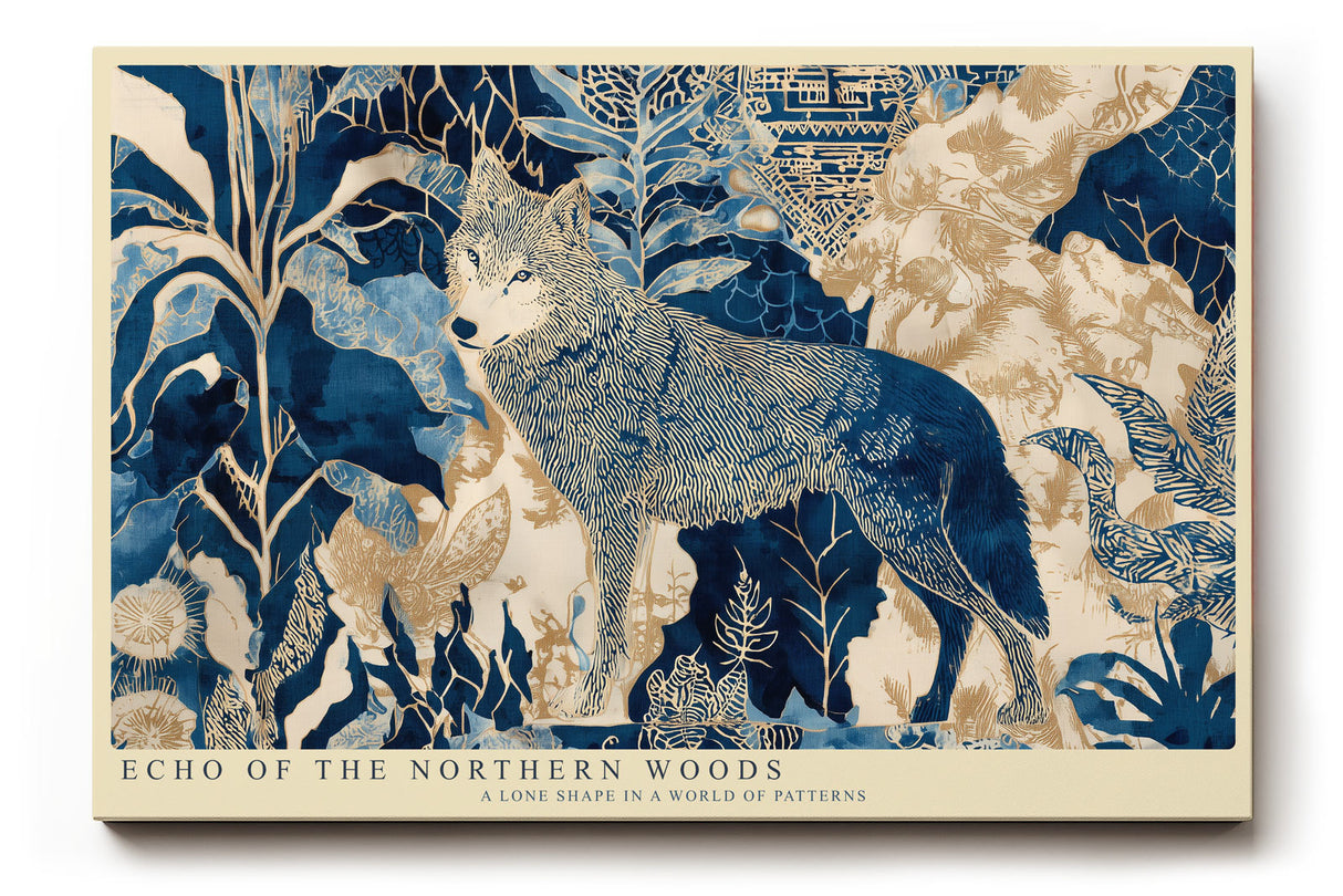 Paul Sinus Wandbild Echo of the Northern Woods Wolf in Blue and Gold Forest Patterns
