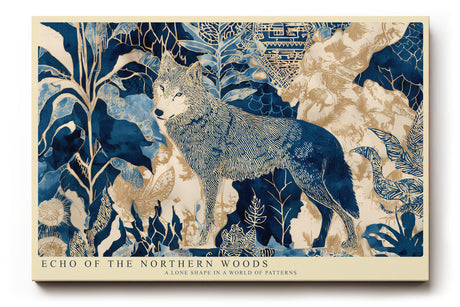 Paul Sinus Wandbild Echo of the Northern Woods Wolf in Blue and Gold Forest Patterns