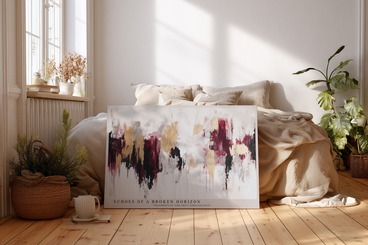 Paul Sinus Wandbild Echoes of a Broken Horizon – Abstrakte Kraft in Gold, Rot und Weiß mit moderner Ausdrucksstärke