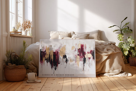 Paul Sinus Wandbild Echoes of a Broken Horizon – Abstrakte Kraft in Gold, Rot und Weiß mit moderner Ausdrucksstärke