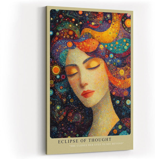 Paul Sinus Wandbild in 40x60cm Eclipse of Thought Künstlerisches Frauenporträt mit bunten, kreisförmigen Mustern im Haar für lebendige und inspirierende Raumgestaltung