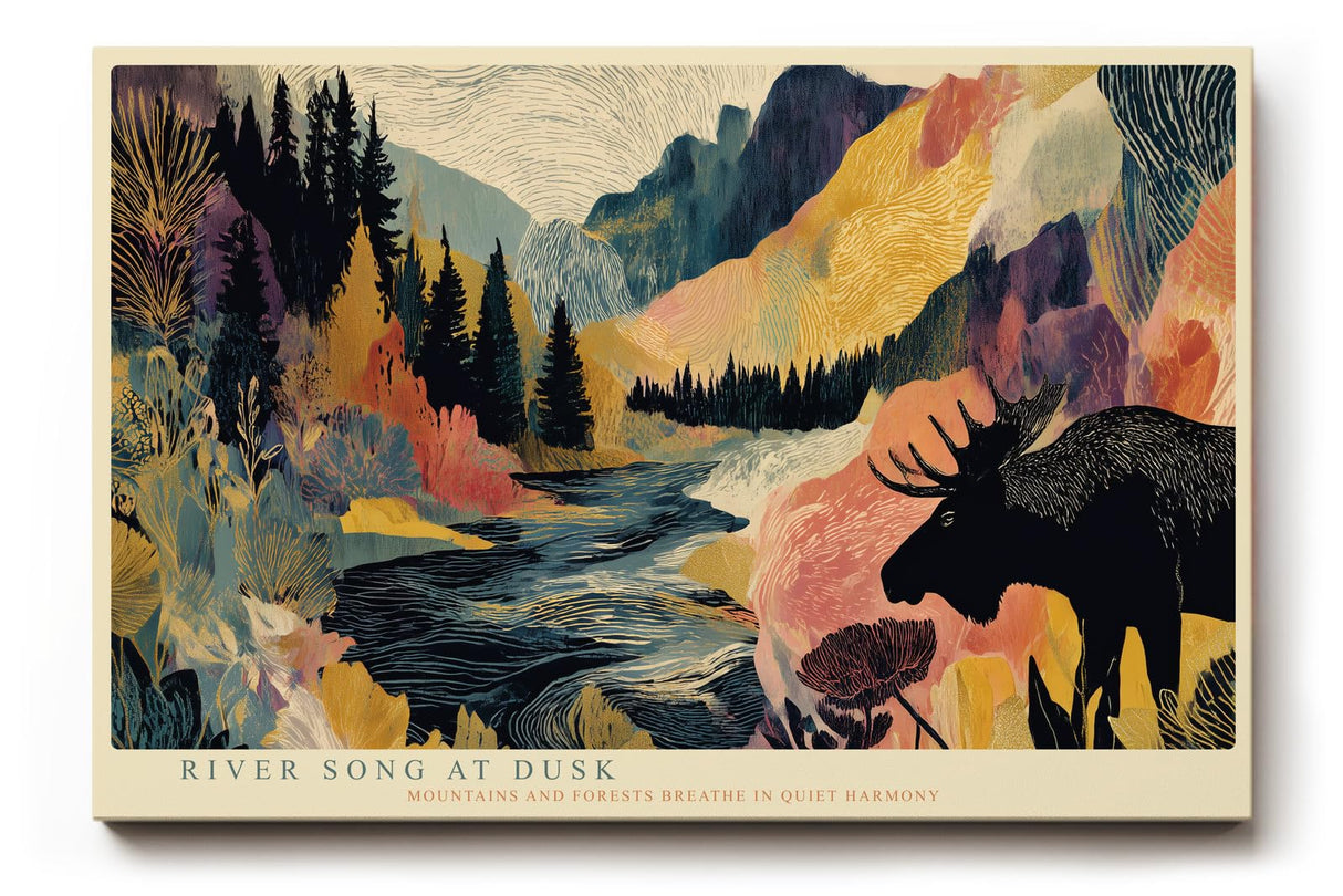 Paul Sinus Wandbild 120x80cm Elch Berglandschaft Fluss Natur Illustration moderne Landschaft Kunst Wanddekoration Wohnzimmer