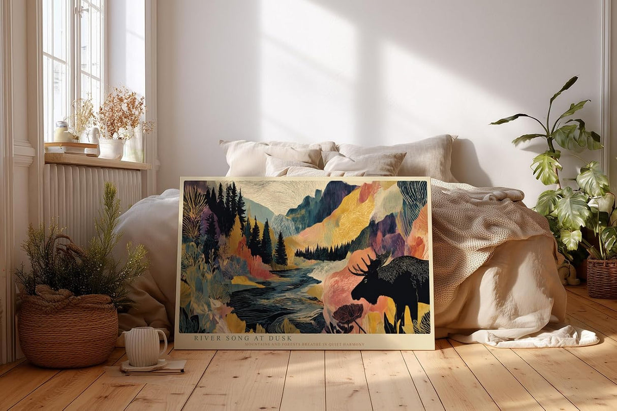 Paul Sinus Wandbild 120x80cm Elch Berglandschaft Fluss Natur Illustration moderne Landschaft Kunst Wanddekoration Wohnzimmer