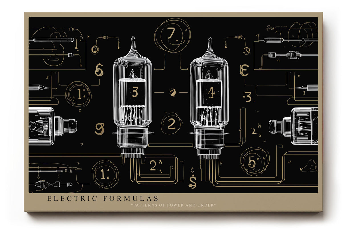 Paul Sinus Wandbild Electric Formulas technisches Kunstwerk mit Röhren und Zahlenstrukturen in gold-schwarzem Design für moderne Interieurs mit industriellem Flair