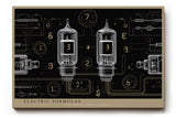 Paul Sinus Wandbild Electric Formulas technisches Kunstwerk mit Röhren und Zahlenstrukturen in gold-schwarzem Design für moderne Interieurs mit industriellem Flair