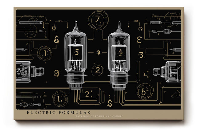 Paul Sinus Wandbild Electric Formulas technisches Kunstwerk mit Röhren und Zahlenstrukturen in gold-schwarzem Design für moderne Interieurs mit industriellem Flair