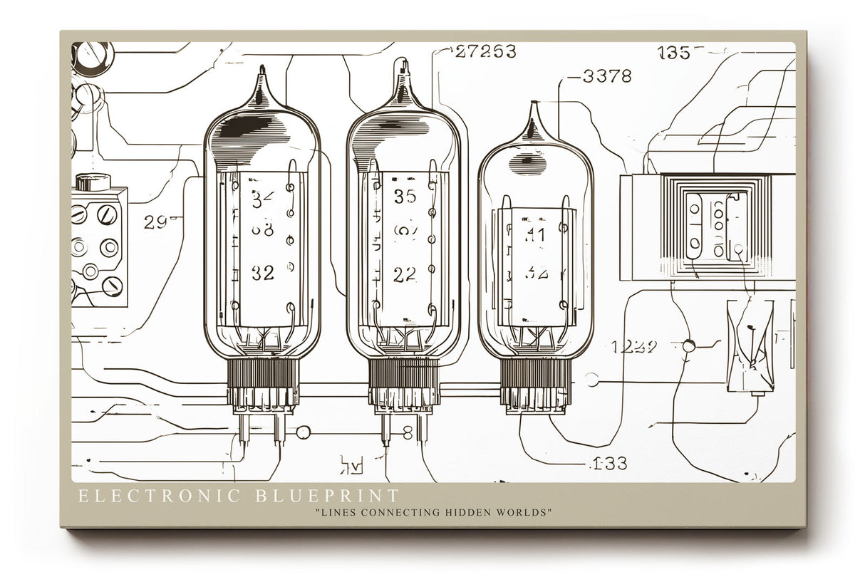 Paul Sinus Wandbild Electronic Blueprint technisches Linienkunstwerk mit transparenten Röhren und Schaltplanstruktur für moderne Räume mit industrieller Eleganz
