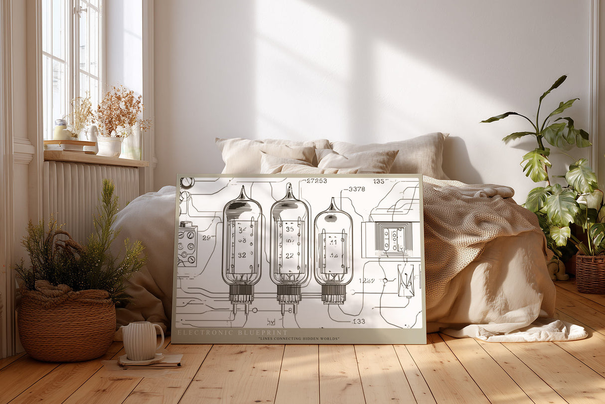 Paul Sinus Wandbild Electronic Blueprint technisches Linienkunstwerk mit transparenten Röhren und Schaltplanstruktur für moderne Räume mit industrieller Eleganz