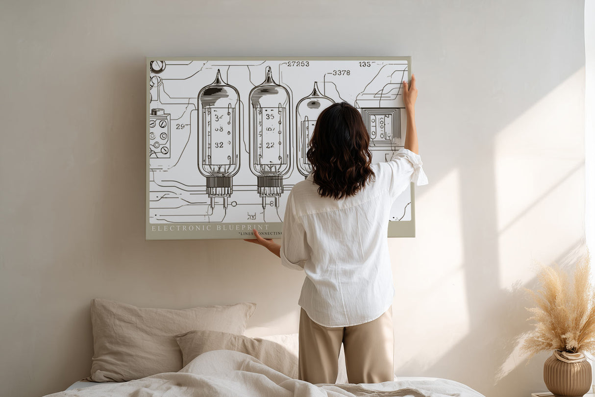 Paul Sinus Wandbild Electronic Blueprint technisches Linienkunstwerk mit transparenten Röhren und Schaltplanstruktur für moderne Räume mit industrieller Eleganz
