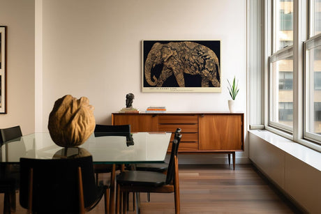 Paul Sinus Wandbild 120x80cm Elefant Ornament Kunst gold schwarz Tierillustration elegante Leinwand Wanddekoration exotisches Tiermotiv fuer Wohnzimmer Büro