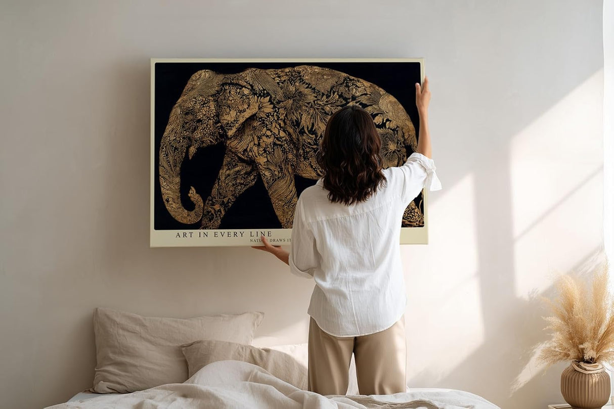 Paul Sinus Wandbild 120x80cm Elefant Ornament Kunst gold schwarz Tierillustration elegante Leinwand Wanddekoration exotisches Tiermotiv fuer Wohnzimmer Büro