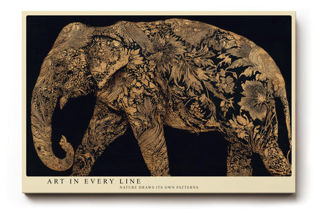 Paul Sinus Wandbild 120x80cm Elefant Ornament Kunst gold schwarz Tierillustration elegante Leinwand Wanddekoration exotisches Tiermotiv fuer Wohnzimmer Büro
