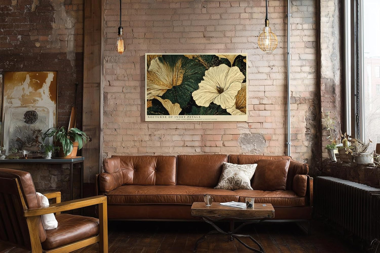 Paul Sinus Wandbild 120x80cm Elegante Blumen Gold Dunkelgruen Florale Kunst Modernes Naturmotiv mit edler Farbkomposition