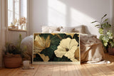 Paul Sinus Wandbild 120x80cm Elegante Blumen Gold Dunkelgruen Florale Kunst Modernes Naturmotiv mit edler Farbkomposition