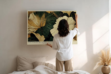 Paul Sinus Wandbild 120x80cm Elegante Blumen Gold Dunkelgruen Florale Kunst Modernes Naturmotiv mit edler Farbkomposition
