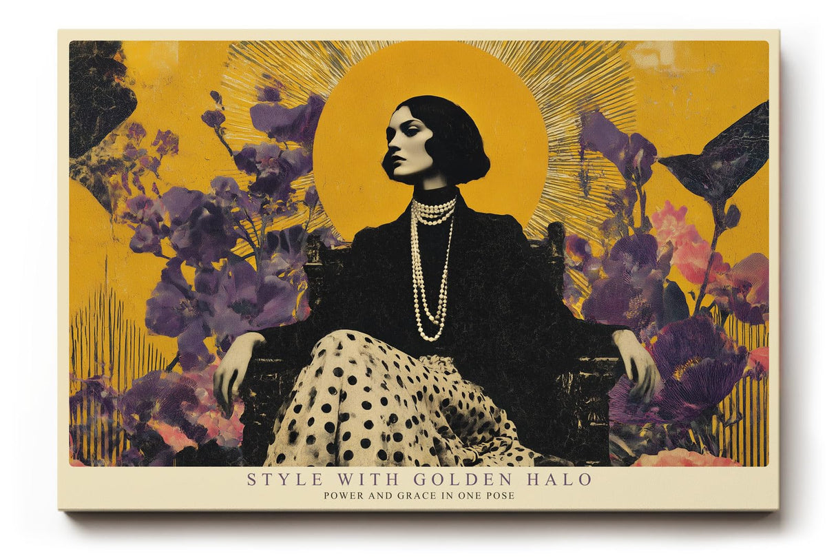 Paul Sinus Wandbild 120x80cm Elegante Frau mit goldenem Halo – Stilvolle Modekunst mit floralen Elementen für moderne Wohnräume