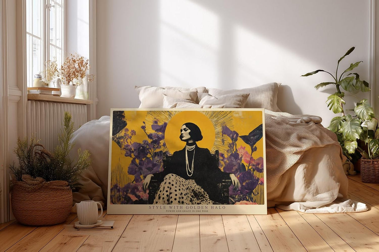 Paul Sinus Wandbild 120x80cm Elegante Frau mit goldenem Halo – Stilvolle Modekunst mit floralen Elementen für moderne Wohnräume