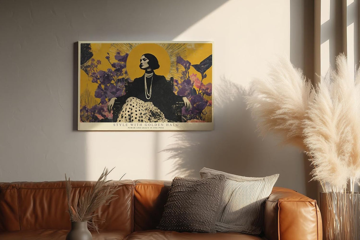 Paul Sinus Wandbild 120x80cm Elegante Frau mit goldenem Halo – Stilvolle Modekunst mit floralen Elementen für moderne Wohnräume