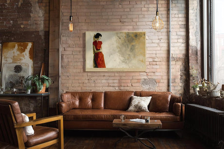 Paul Sinus Wandbild 120x80cm elegante Frau rotes Kleid moderne Figurenmalerei minimalistische Kunst grosses Kunstbild stilvolle Wanddekoration fuer Wohnzimmer Büro