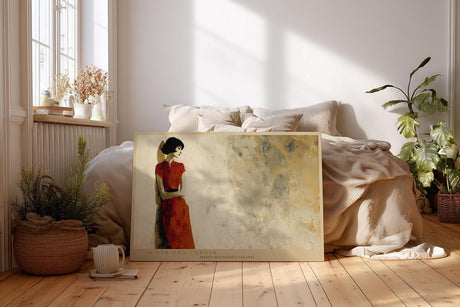 Paul Sinus Wandbild 120x80cm elegante Frau rotes Kleid moderne Figurenmalerei minimalistische Kunst grosses Kunstbild stilvolle Wanddekoration fuer Wohnzimmer Büro