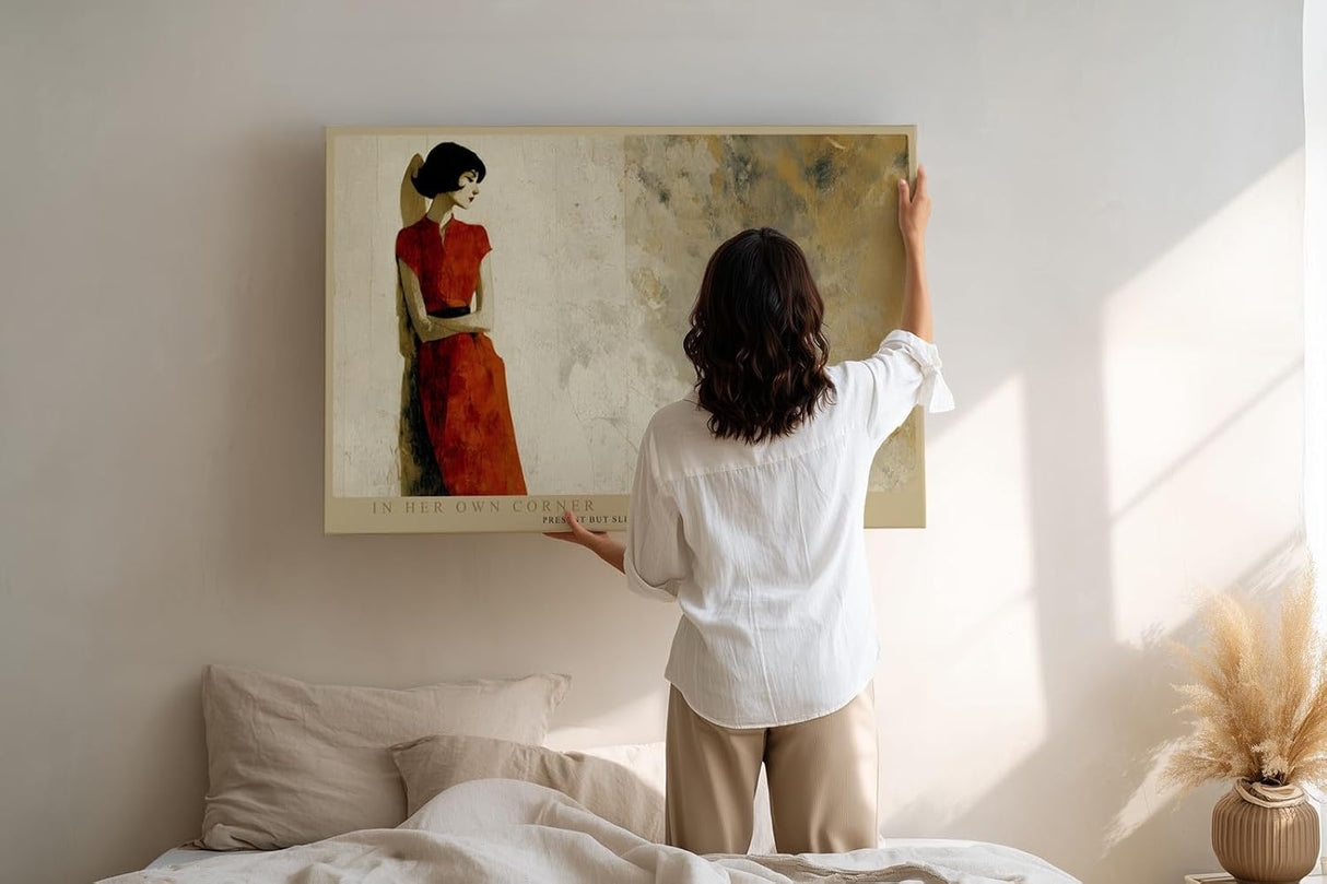 Paul Sinus Wandbild 120x80cm elegante Frau rotes Kleid moderne Figurenmalerei minimalistische Kunst grosses Kunstbild stilvolle Wanddekoration fuer Wohnzimmer Büro