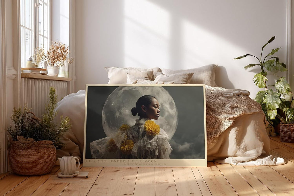 Paul Sinus Wandbild 120x80cm Elegante Frau vor Vollmond Poetisches Porträt Kunst Fotografie in Dunklen Tönen für Wohnzimmer Schlafzimmer