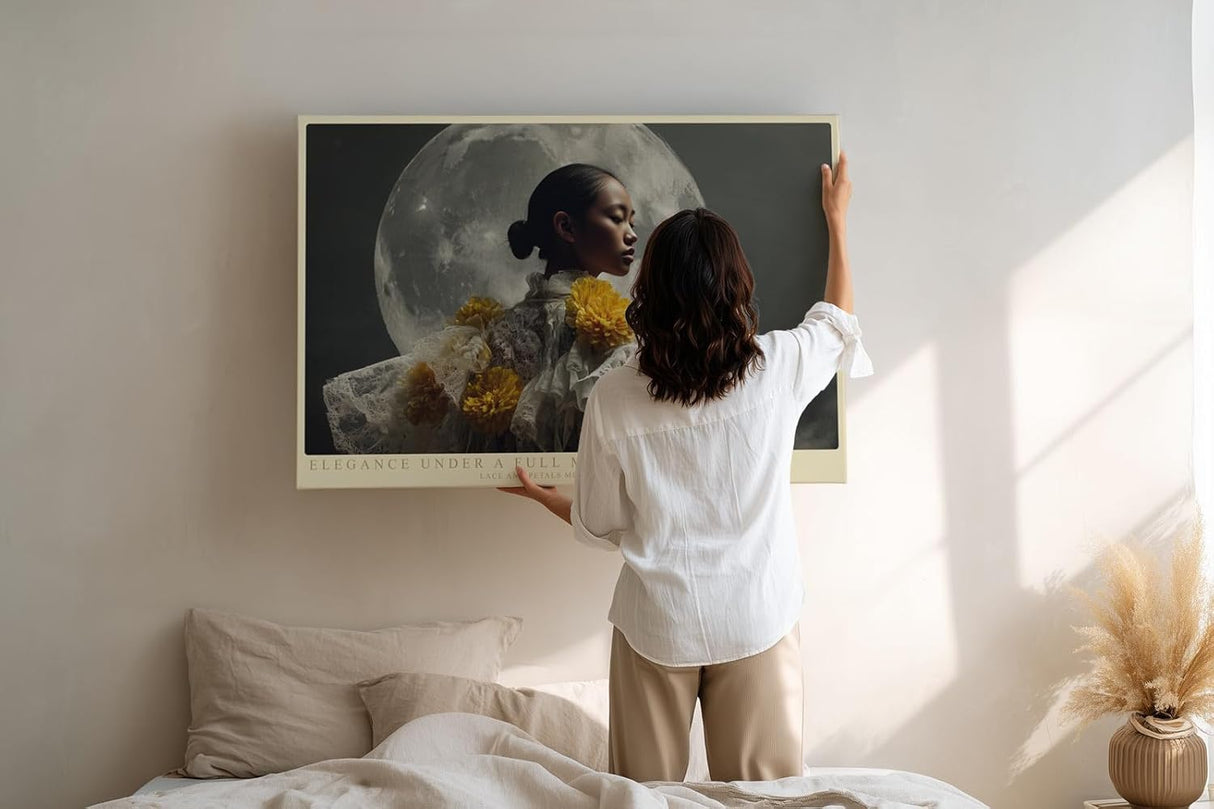 Paul Sinus Wandbild 120x80cm Elegante Frau vor Vollmond Poetisches Porträt Kunst Fotografie in Dunklen Tönen für Wohnzimmer Schlafzimmer