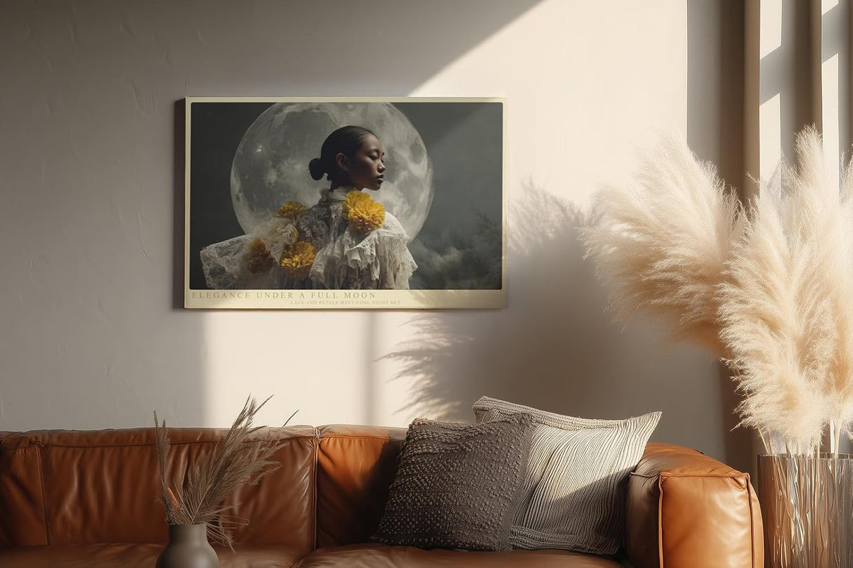 Paul Sinus Wandbild 120x80cm Elegante Frau vor Vollmond Poetisches Porträt Kunst Fotografie in Dunklen Tönen für Wohnzimmer Schlafzimmer